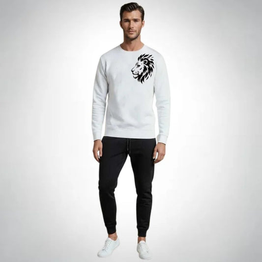 LION Printed White Tracksuit Sweatshirt & Trouser | Warm & Comfortable Winter Wear | XL