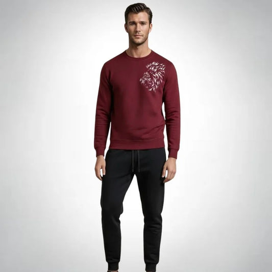 LION Printed Maroon Tracksuit Sweatshirt & Trouser | Warm & Comfortable Winter Wear | Large