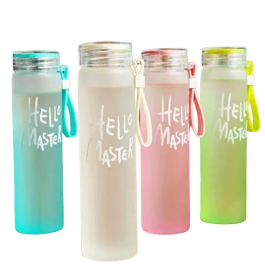 Blue Frosted Glass Water Bottle | Leak-Proof Insulated Bottle with Hello Master Decal Logo | 400ml