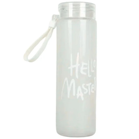 White Frosted Glass Water Bottle | Leak-Proof Insulated Bottle with Hello Master Decal Logo | 400ml