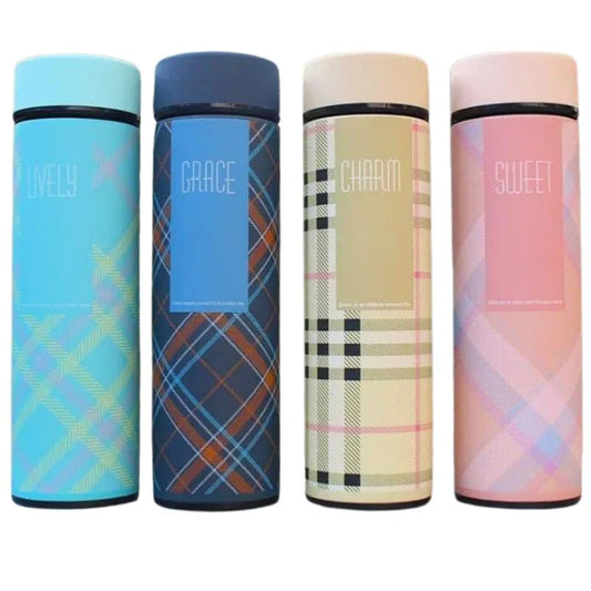 LED Temperature Display Water Bottle | Checkered Design | Smart Stainless Steel Vacuum 500ml Flask | Random Color